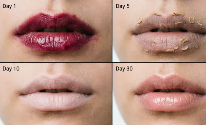 Lip blush healing process stages: dark lips day 1, peeling day 5, pale ghost phase day 10, soft pink lips week 4.
