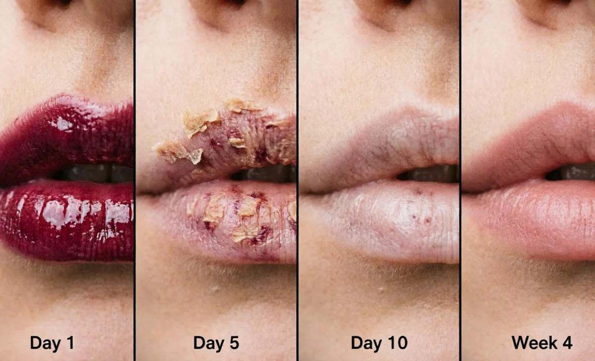 Lip blush healing process timeline showing day 1 dark lips, day 5 peeling, day 10 ghost phase, and week 4 final soft color.