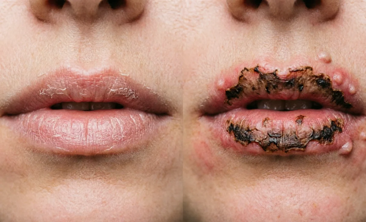 Comparison of normal peeling vs problem scabbing during the lip blush healing process, showing thin flakes versus thick dark scab.