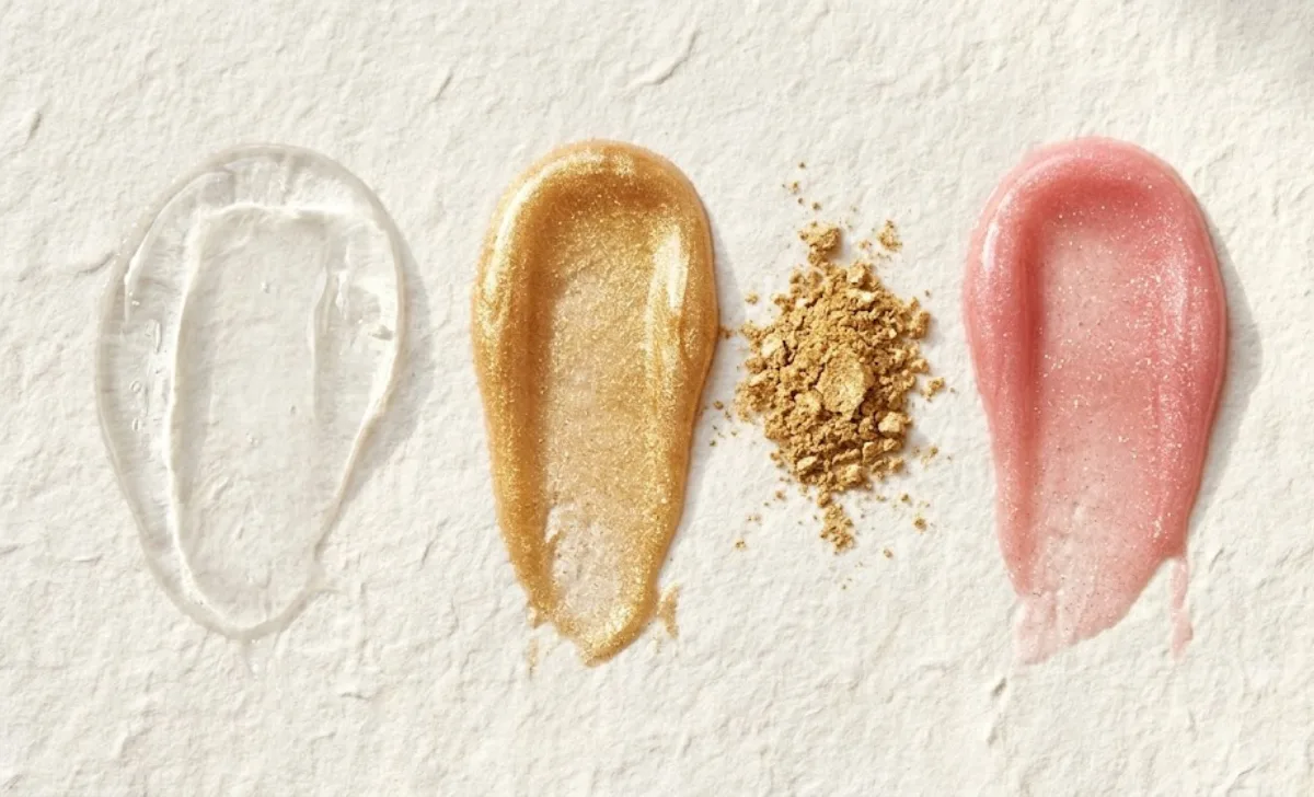 What is lip gloss made of — mica powder and colored gloss swatches showing shimmer ingredients.
