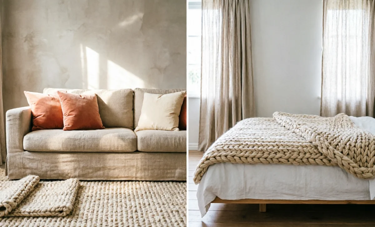 Texture in interior design applied in living room with velvet cushions and wool rug beside bedroom with knit duvet and linen curtains