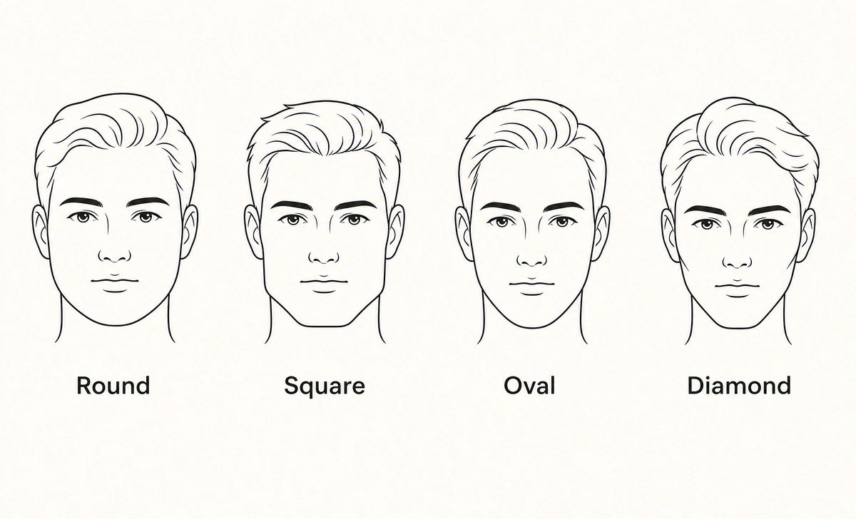 Diagram of round, square, oval, and diamond male face shapes for haircut matching
