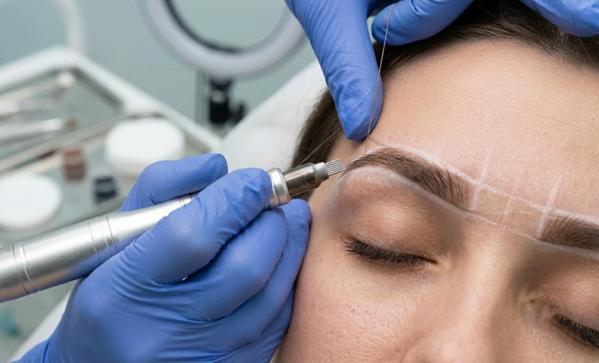 Artist using a manual microblading pen to create hair-like strokes after brow mapping.