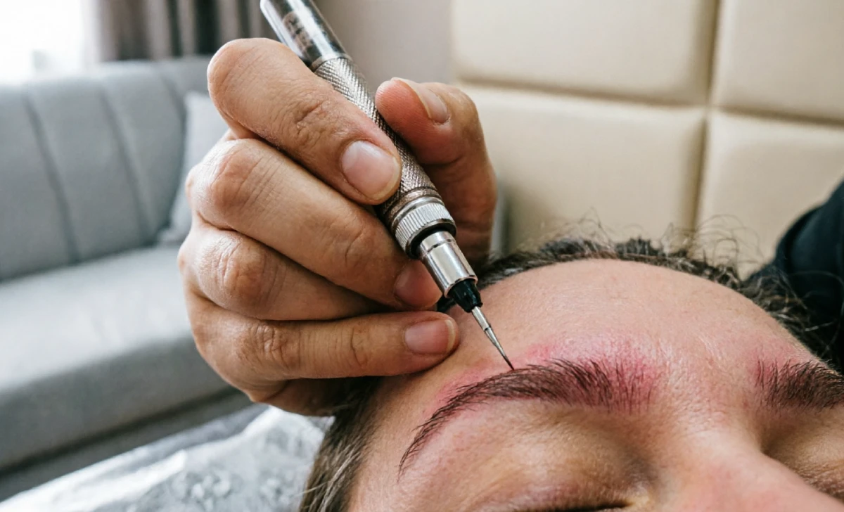 Artist using manual microblading tool on client eyebrow