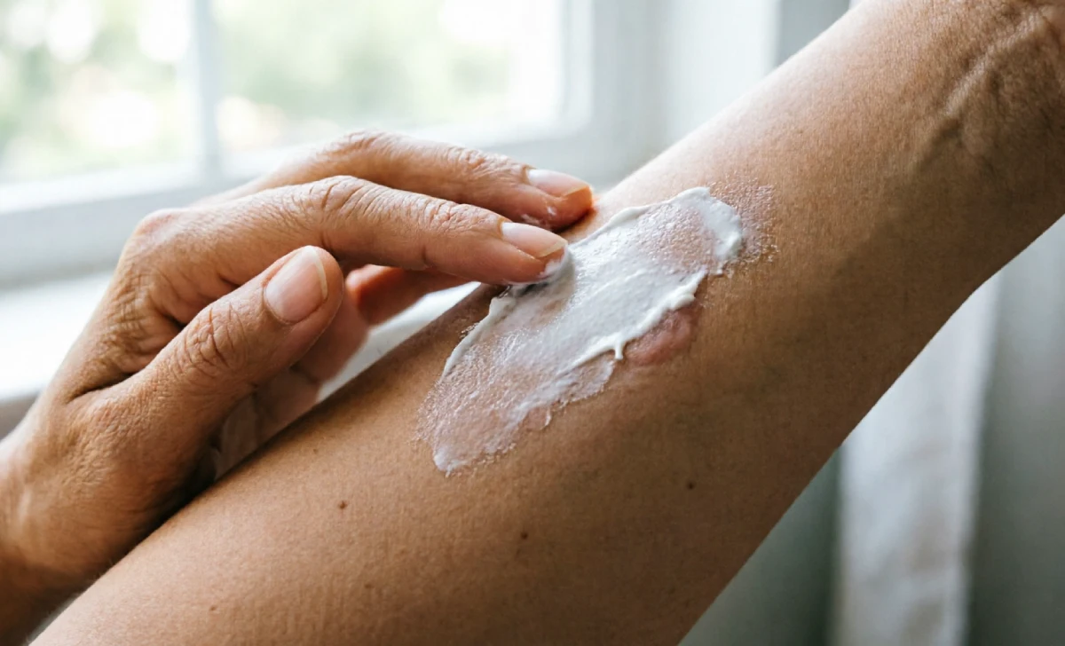 Person applying mineral sunscreen to a healing scar as part of daily care during mole removal healing stages sun protection routine.