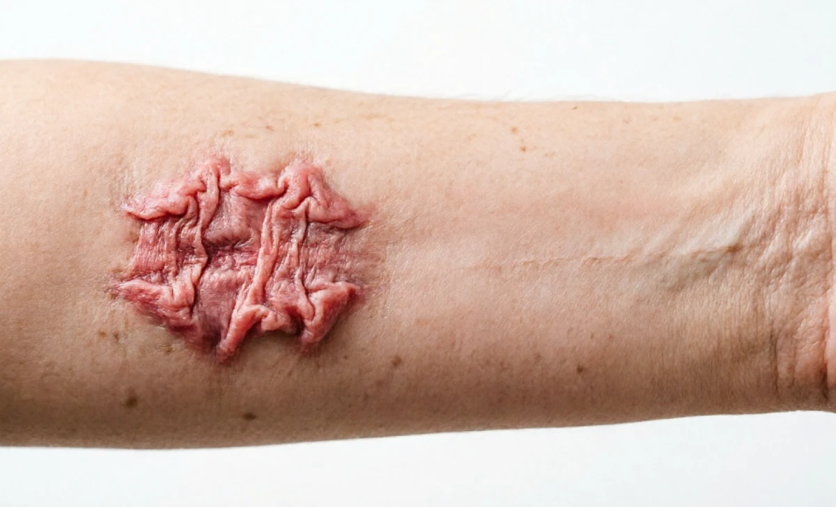 Side-by-side comparison of raised red scar and flat pale scar showing the ugly duckling phase of mole removal healing stages.