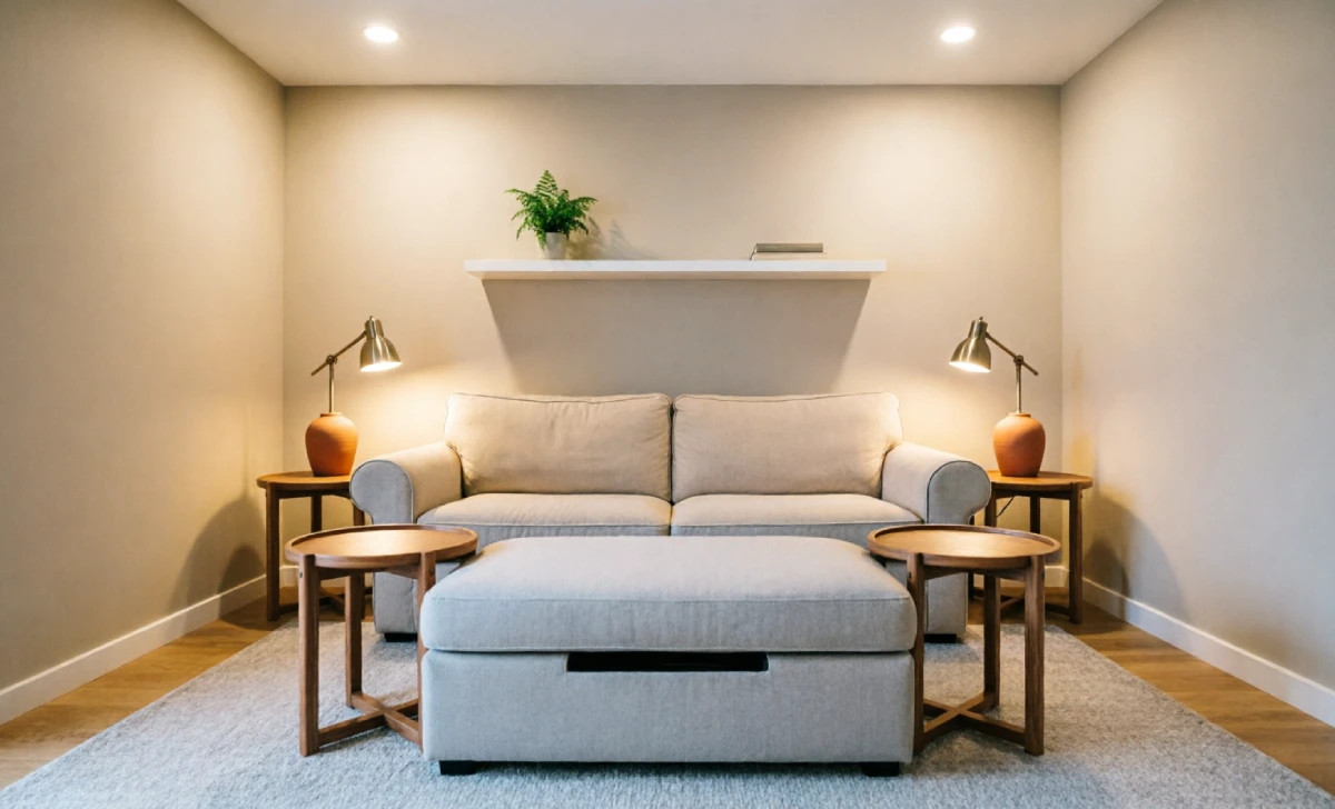 Small living room with storage ottoman and nesting tables showing multi-functional furniture to maximize small home space