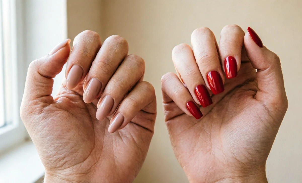 Comparison of nail shapes on short wide fingers with oval nails versus long slender fingers with square nails