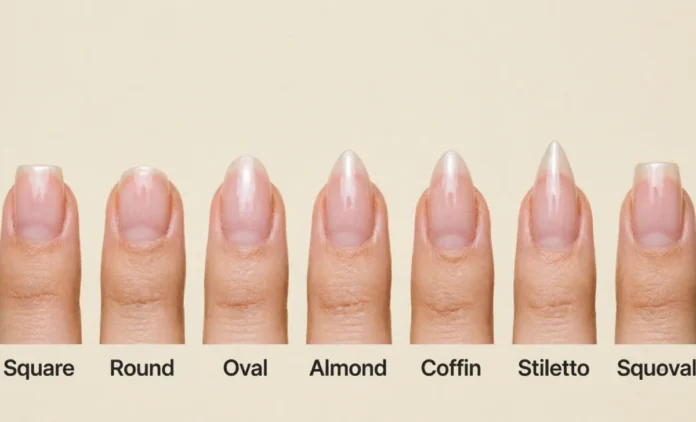 Different nail shapes on hands including square, almond, and coffin