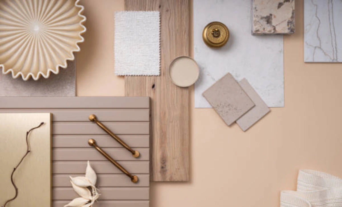 Texture in interior design mood board showing velvet, reclaimed wood, brass, jute and linen materials on neutral background