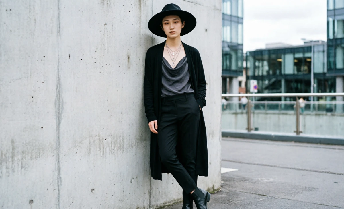 Minimalist Nu Goth style with wide-brim hat, long cardigan, and delicate silver jewelry.