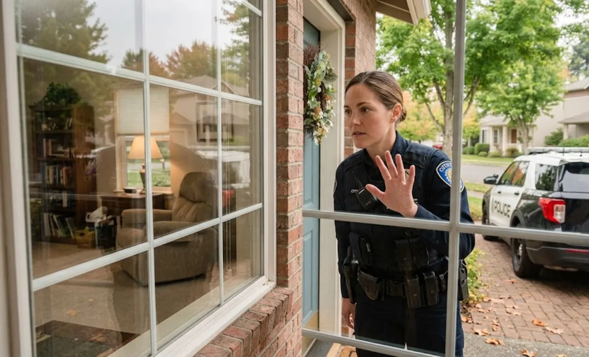 A police officer peers through a window during a wellness check to see if anyone inside needs help.