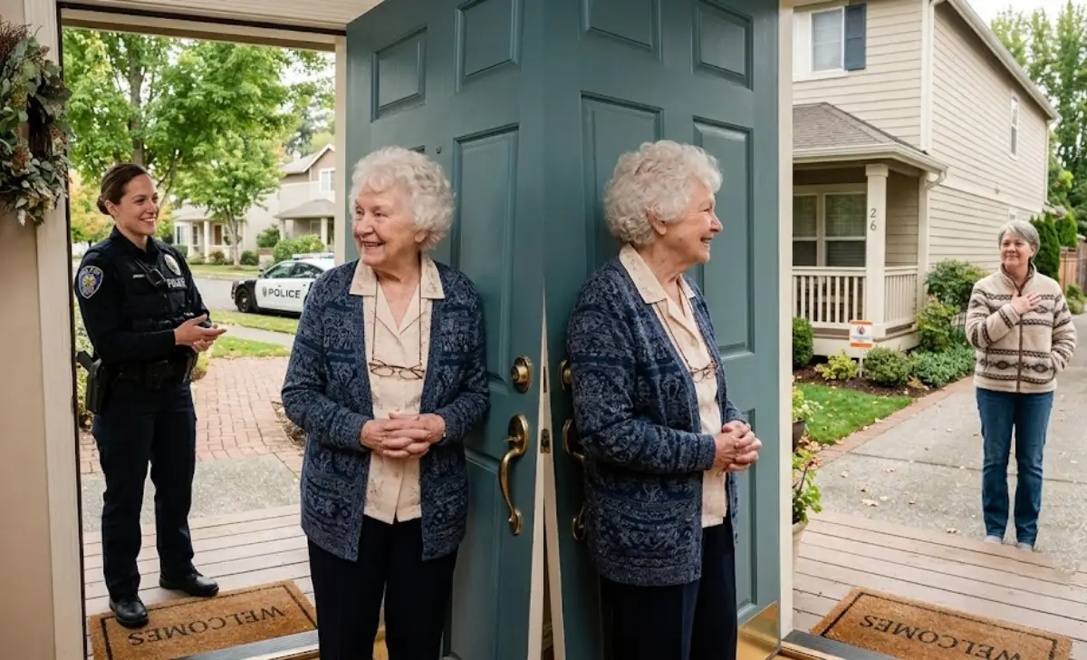 A police officer talking calmly with an elderly resident during a wellness check, demonstrating community caretaking.