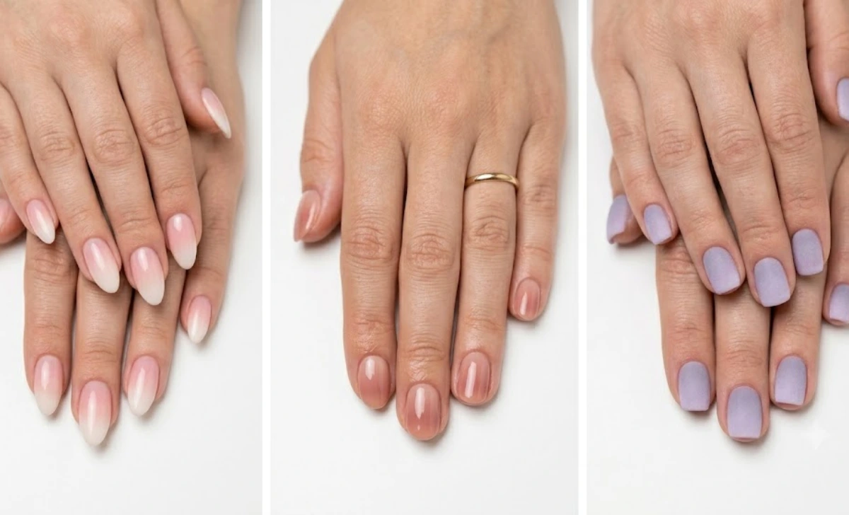 Acrylic, gel, and dip powder ombre nails side by side showing cost and style differences