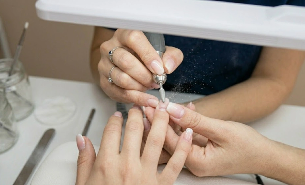 Nail technician performing an ombre nail fill showing regrowth area and hidden costs