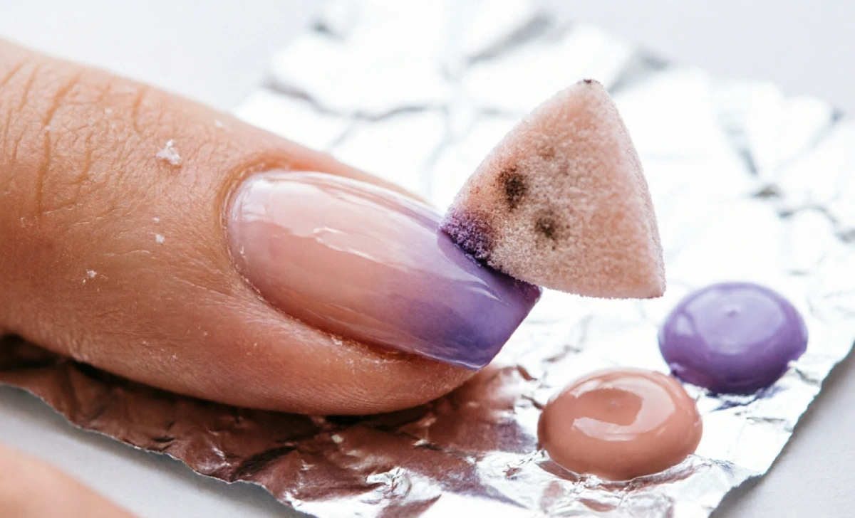 Ombre nails sponge application tutorial showing nude to mauve fade with makeup sponge pressed on nail tip mid process