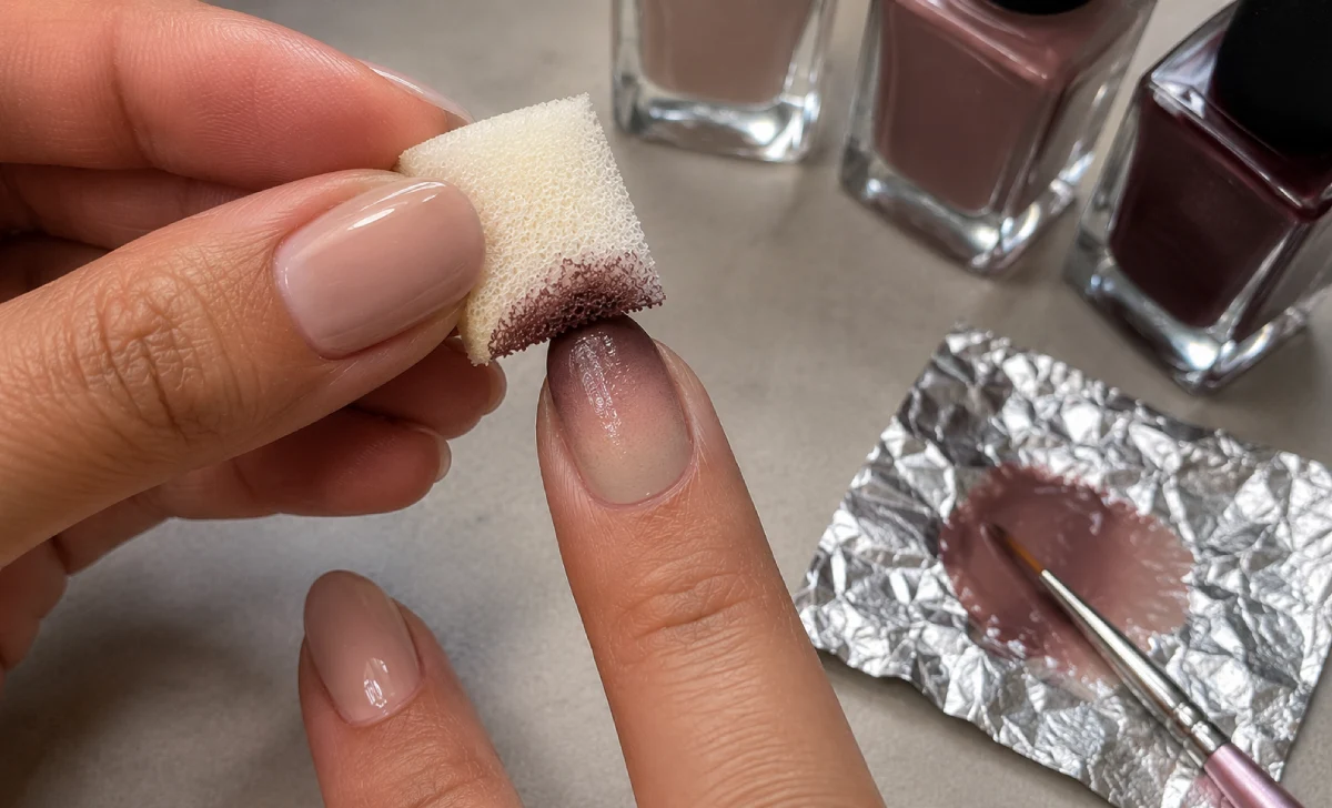 Ombre nail sponge application showing light to dark fade