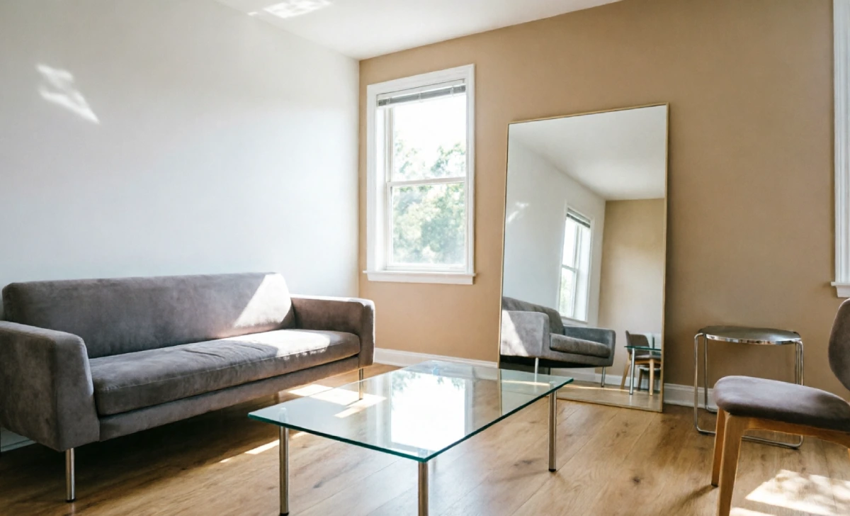 Small room with large mirror reflecting window light and glass coffee table using optical illusions to maximize small home space