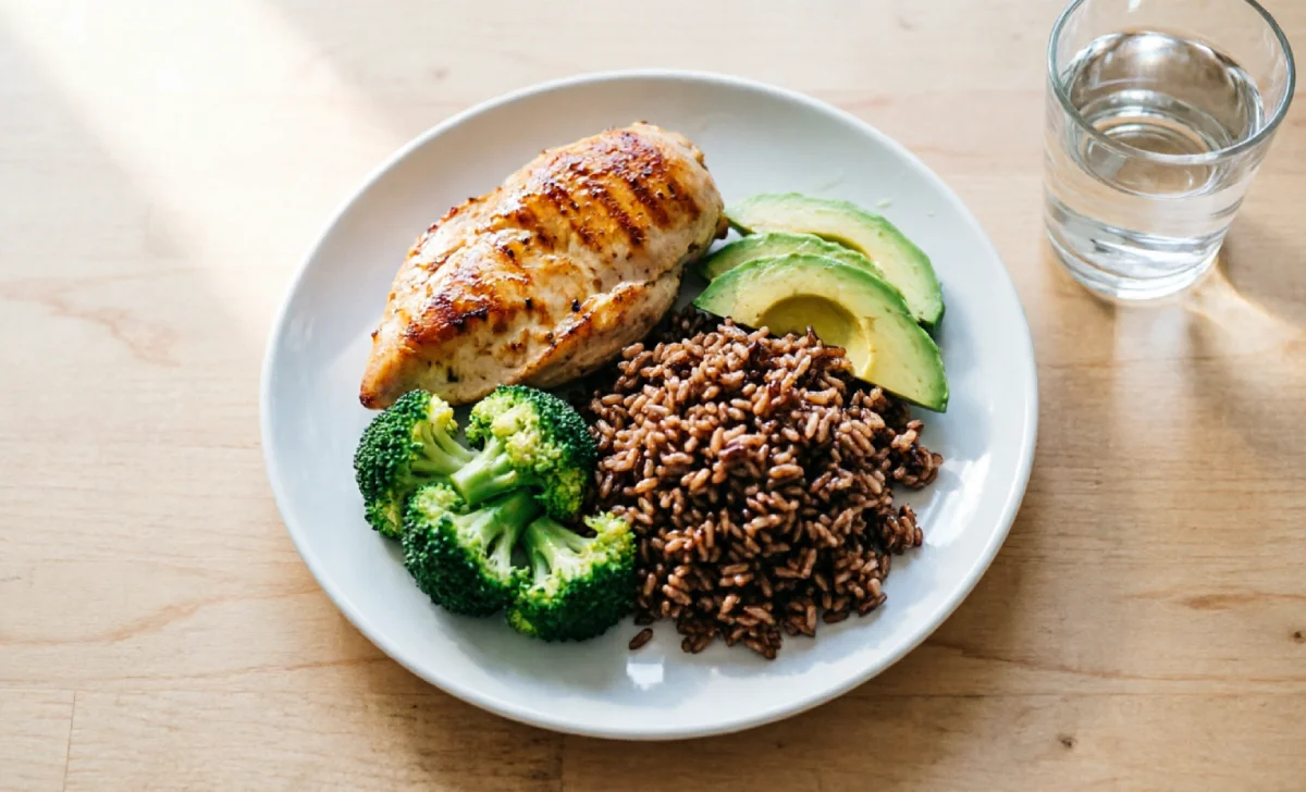 Balanced whole food meal with protein vegetables and water to optimize physical health through nutrition