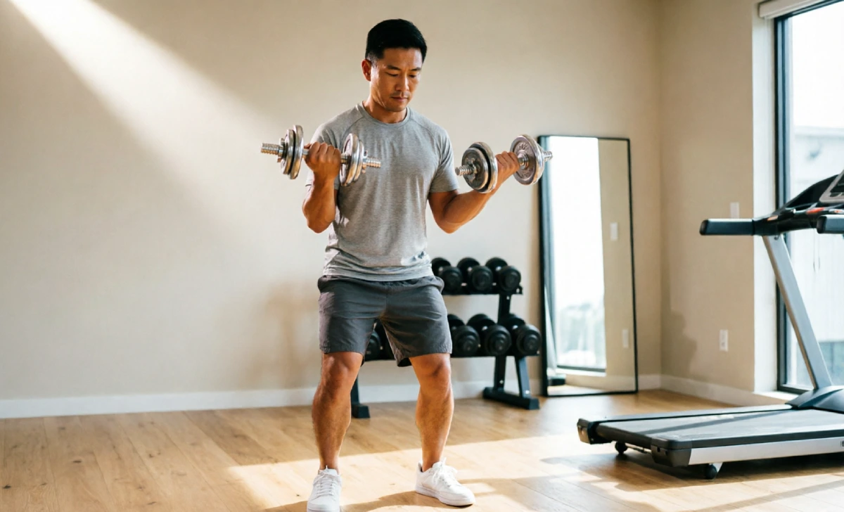 Person lifting dumbbells at home to optimize physical health through consistent resistance training