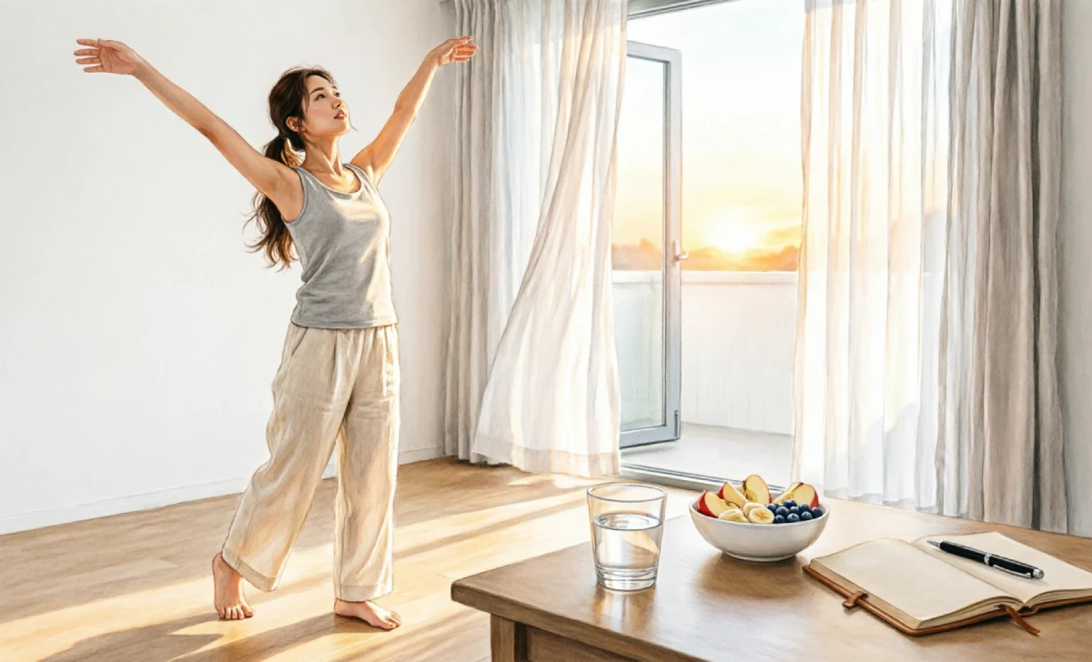 Person stretching by a sunny window as part of a physical wellness routine in the 7 dimensions of wellness
