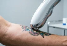 PicoWay Tattoo Removal by Candela: How It Works and What to Expect PicoWay tattoo removal laser handpiece targeting ink on forearm skin
