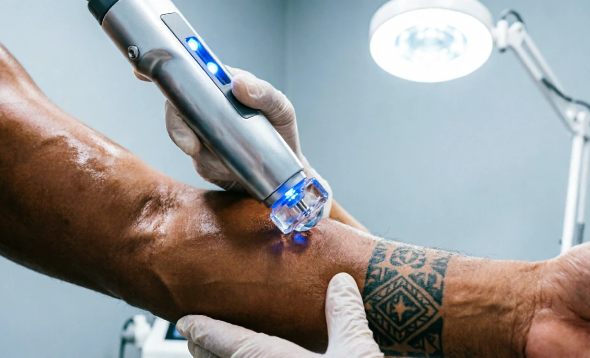 PicoWay tattoo removal treatment shown safely on darker skin tone in clinical setting