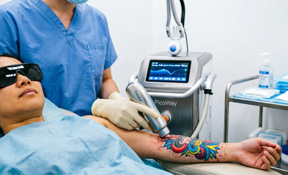 PicoWay tattoo removal session with laser handpiece on patient forearm in medical clinic