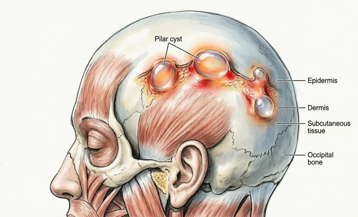 Pilar cyst scalp location diagram showing common appearance areas on head
