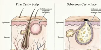 Pilar cyst vs sebaceous cyst comparison diagram showing location and appearance differences