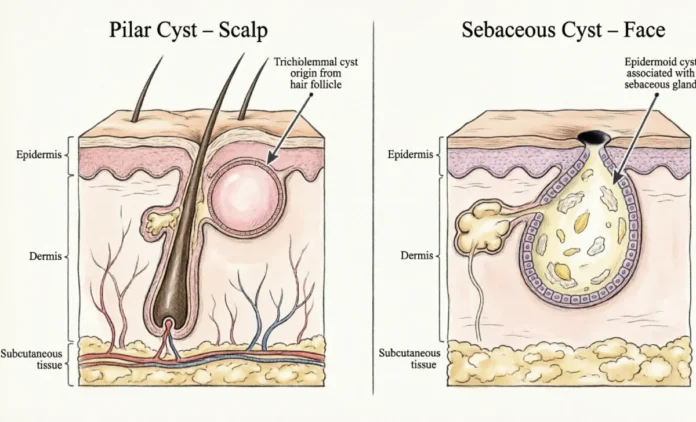 Pilar cyst vs sebaceous cyst comparison diagram showing location and appearance differences