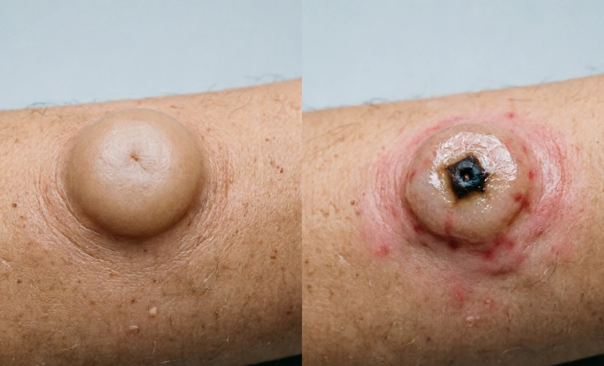Pilar cyst vs sebaceous cyst showing punctum presence difference close-up view