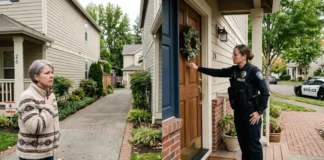 Police officer performing a wellness check at a suburban home, knocking on the door to verify a person’s safety.