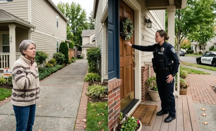Police officer performing a wellness check at a suburban home, knocking on the door to verify a person’s safety.