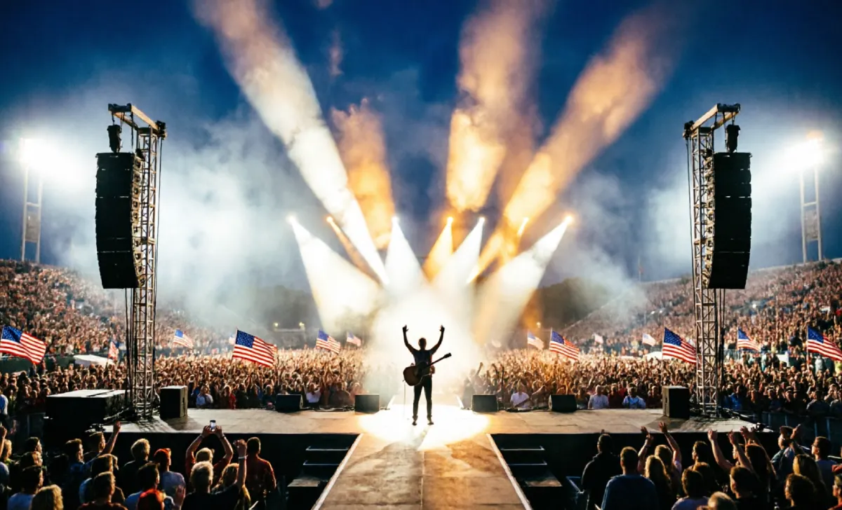 Nineties popular country music artists performing at a packed stadium concert with massive stage lights and a huge crowd.