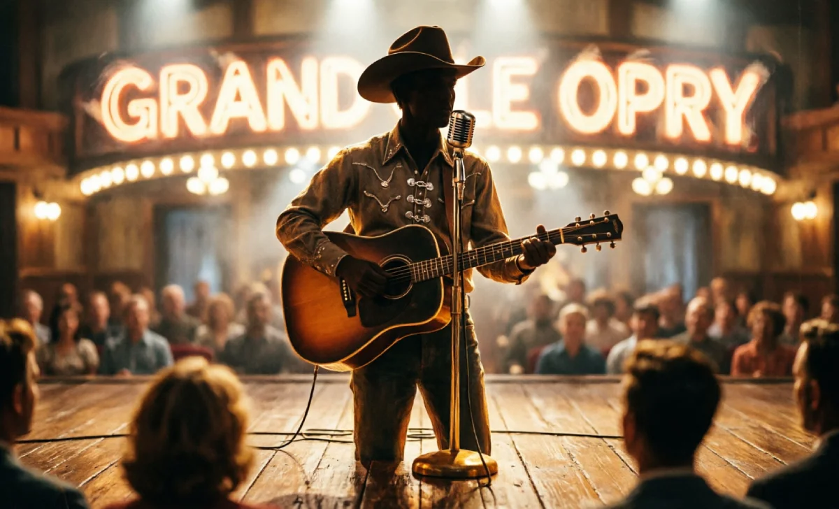 Foundational popular country music artists performing at the historic Grand Ole Opry stage in Nashville with vintage acoustic guitars.