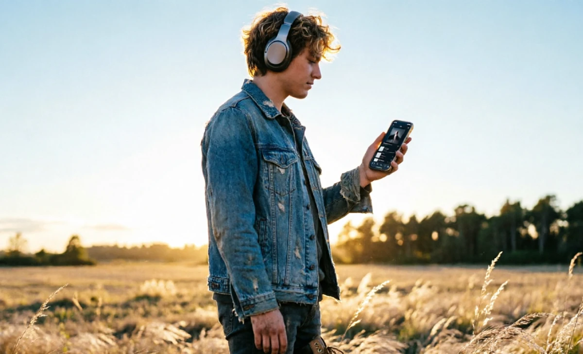 Modern popular country music artists discovered through digital streaming platforms on a smartphone with wireless headphones outdoors.