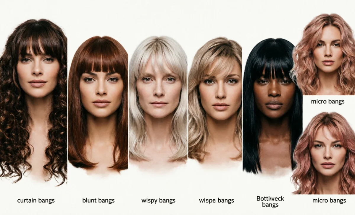 Types of Bangs including curtain bangs, blunt bangs, wispy bangs and side-swept bangs