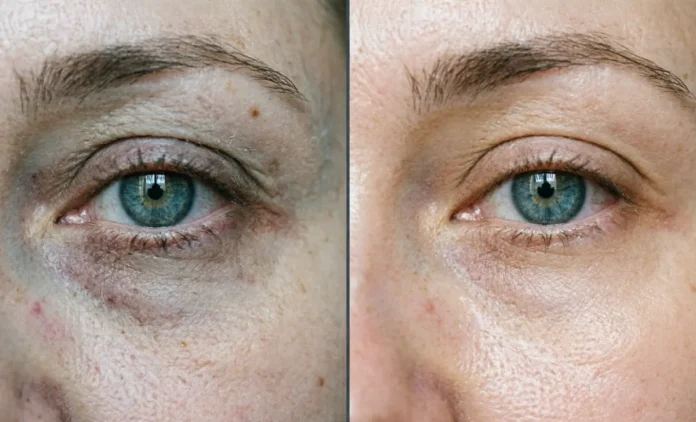 Before and after results of PRP for under eyes showing reduced dark circles and improved skin texture under natural lighting