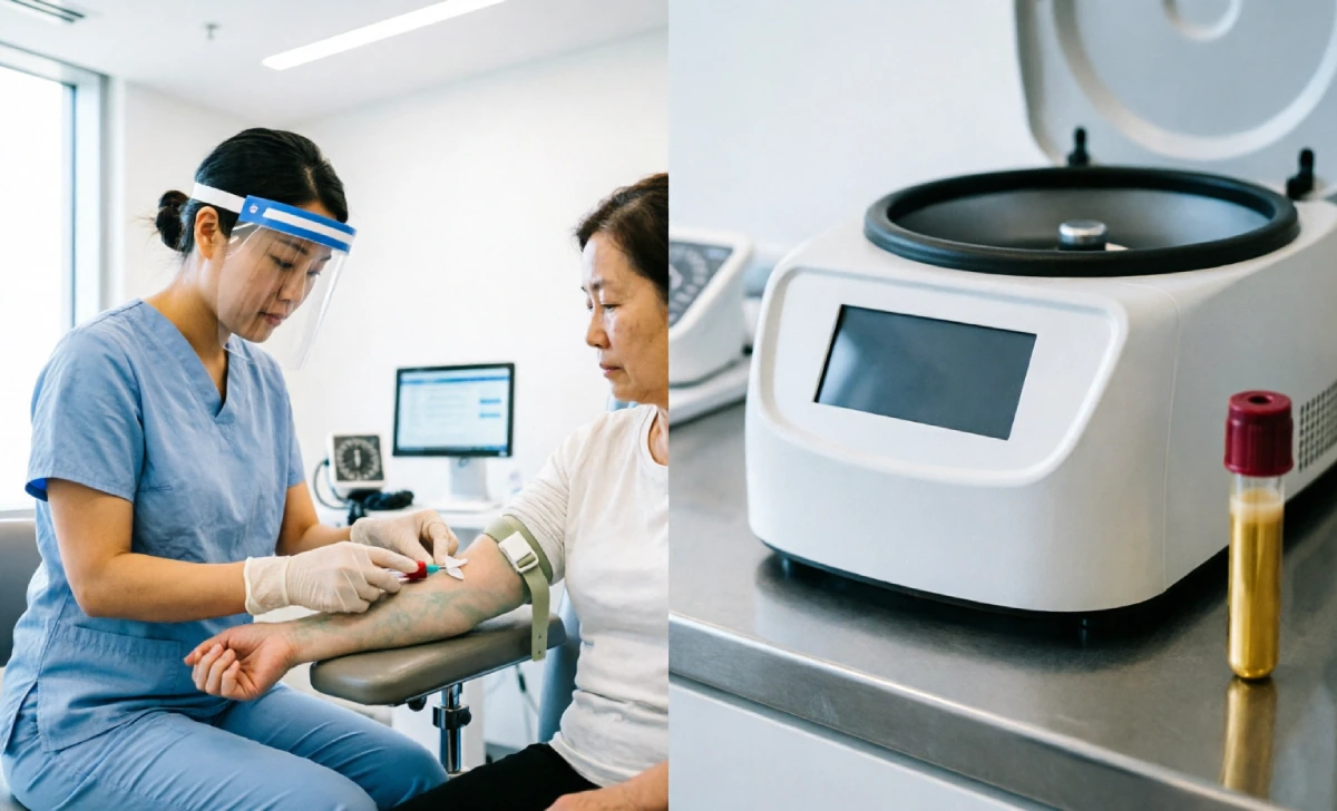 Two-panel image showing blood draw from arm and golden PRP plasma vial as part of PRP for under eyes procedure steps