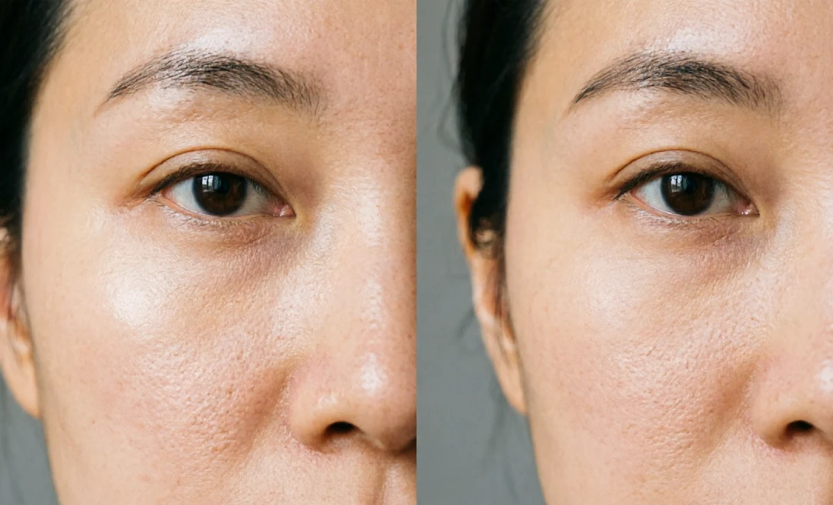 Split comparison showing PRP for under eyes gradual natural results versus instant hyaluronic acid filler volume correction