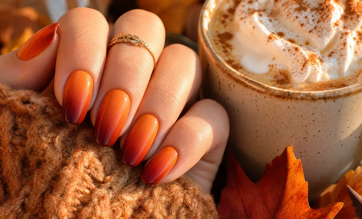 Pumpkin cinnamon and rust fall ombre nail gradient with glossy finish