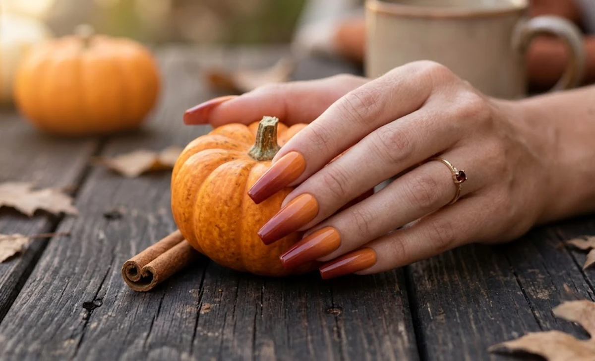 Fall ombre nail ideas in warm spice tones pumpkin, cinnamon, and rust gradient.