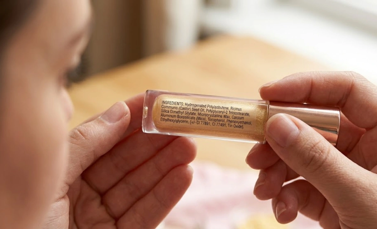What is lip gloss made of — reading an ingredient label to check for vegan ingredients.