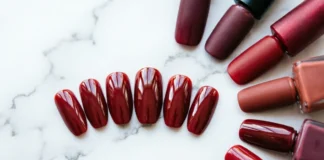 Top red nail ideas for 2026 including glossy crimson almond nails on a white marble background