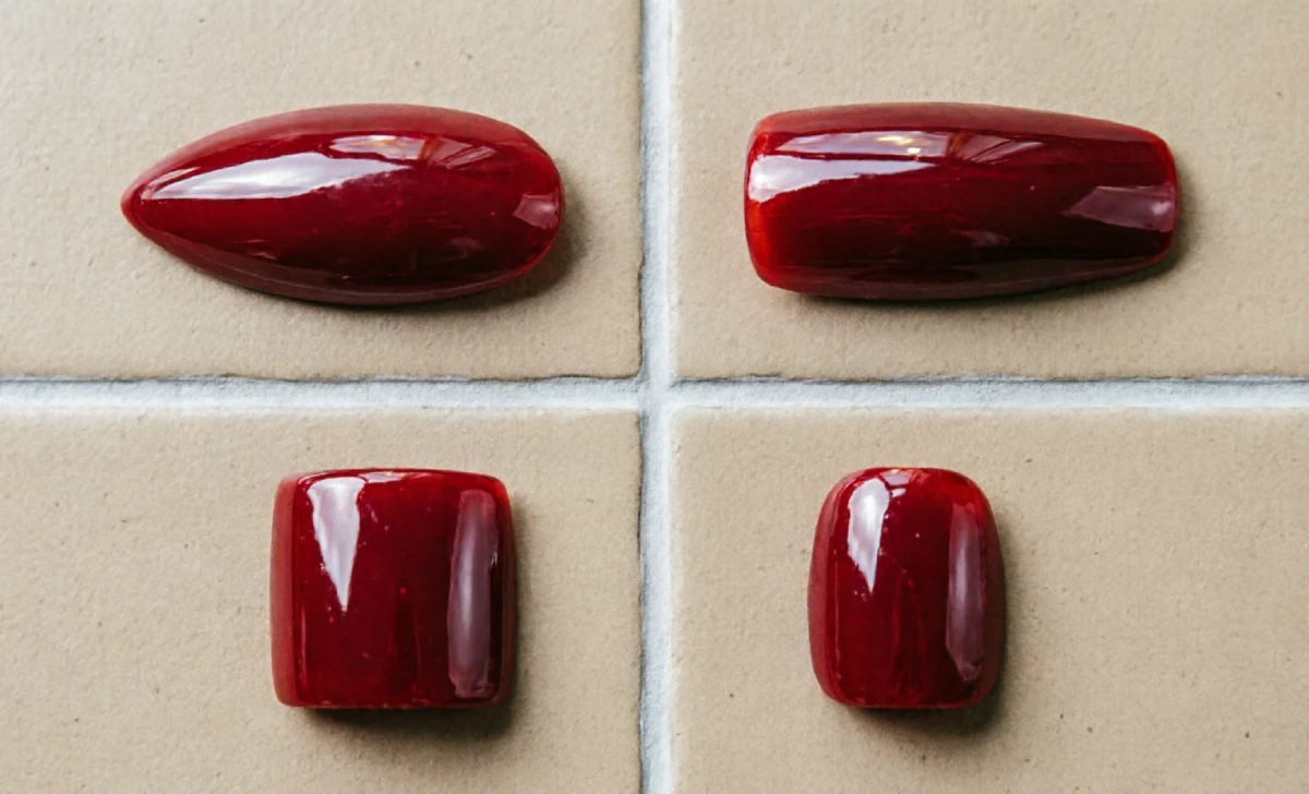 Red nail ideas across four nail shapes — almond, coffin, square, and short round nails all in glossy crimson red polish