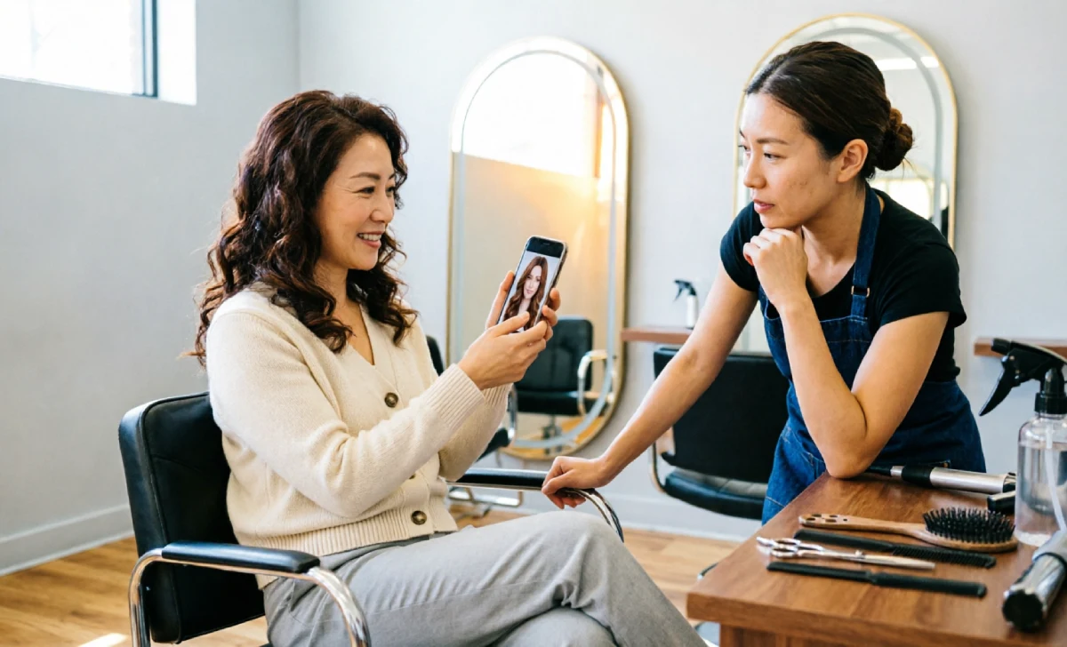 Stylist consultation showing woman choosing haircut that makes you look younger using phone photos in salon chair