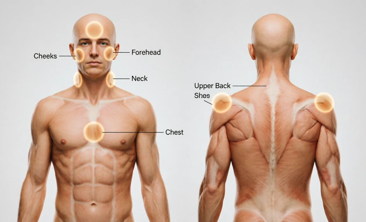 Sebaceous cyst body location map showing face neck chest and back areas