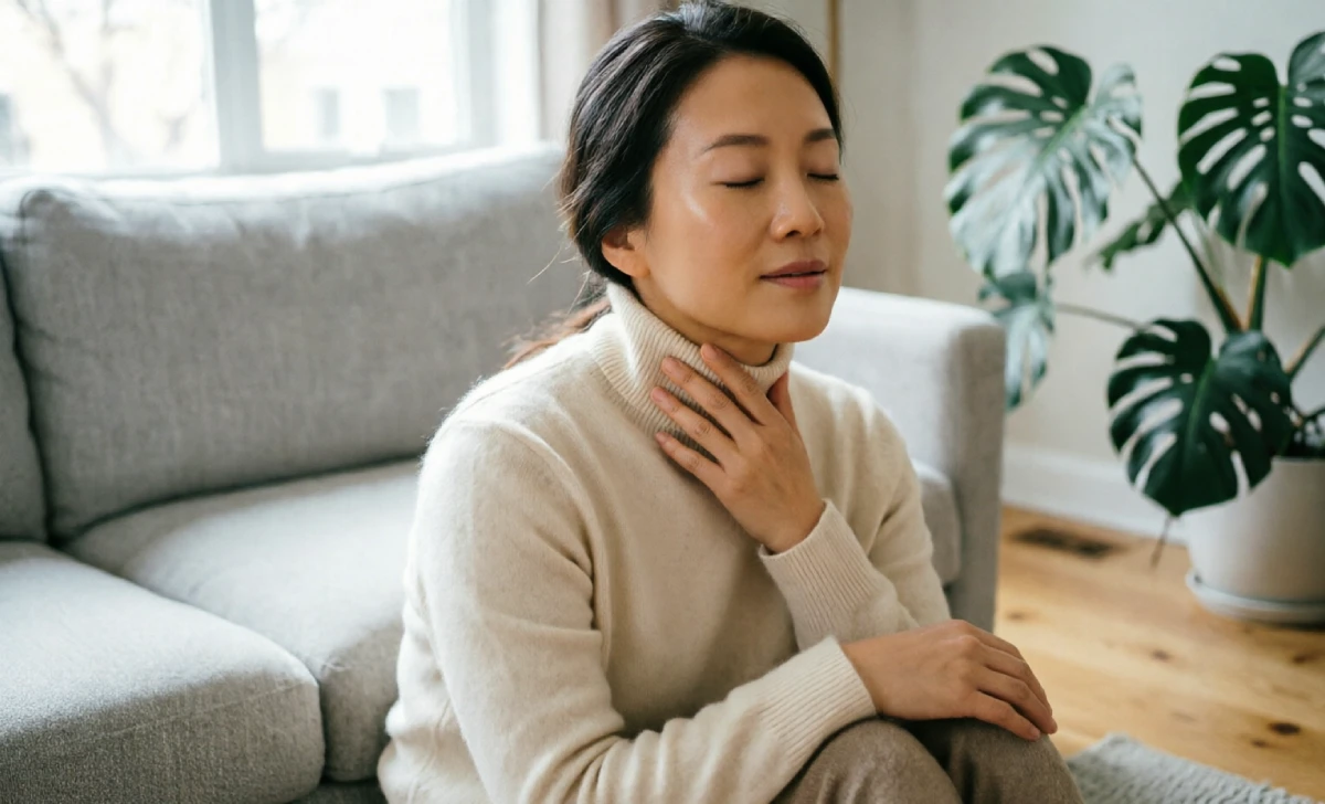Person with eyes closed practicing humming for self-sound healing, with hand on throat to feel vibration and stimulate the vagus nerve.