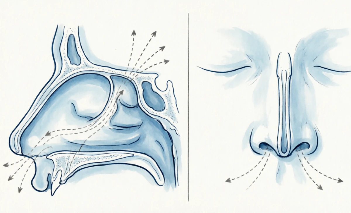 Medical illustration of a deviated nasal septum before and after septoplasty surgery showing improved airflow